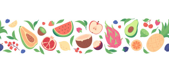 Horizontal seamless border with tropical fruits, berries and leaves. Hand drawn fruit banner with summer fresh organic ingredients, vitamin rich healthy food, print or packaging vector design element