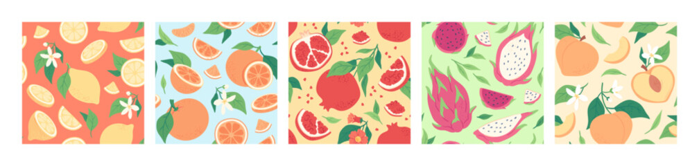 Cute summer seamless pattern with exotic fruits, fresh sliced orange and peach. Hand drawn citrus lemon fabric print, pomegranate wallpaper texture, juicy tropical fruit background patterns vector set