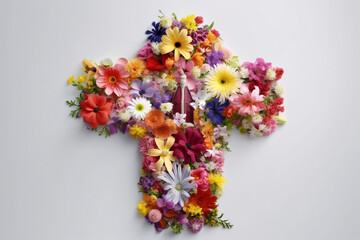 Culture and religion concept. Top view of christian cross made of various colorful flowers blossoms and placed on bright background with copy space. Generative AI