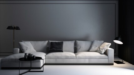 Modern minimalist living room. Gray empty walls, large corner sofa, round coffee table, floor lamps, white floor. Mockup, 3D rendering. Generative AI