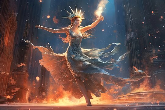 Statue of Liberty as a graceful figure skater, twirling on an icy stage, her torch trailing sparks of joy and freedom in an elegant and surreal winter wonderland style illustration generative ai