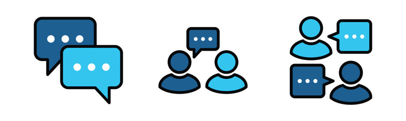 Communication, conversation, dialogue, talking, chatting in blue color icon collection. People with talk bubble speech icon symbol with editable stroke for apps and websites. Vector illustration