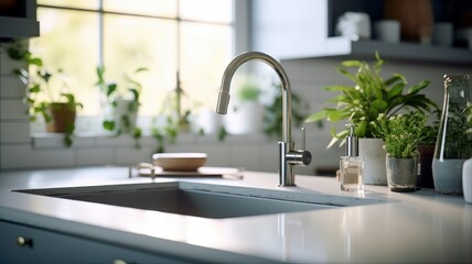 Fragment of a modern kitchen with a window. Quartz stone countertop with integrated stainless sink, tall faucet, kitchen utensils, potted green plants. Generative AI