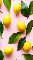 Pattern from scattered ripe lemons with green leaves on pastel pink background. Top view template for wallpaper. Ai generated