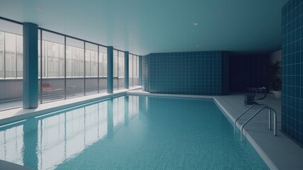 Fototapeta na wymiar Indoor swimming pool in a luxury building. Blue tiled walls, white tiles floor, floor-to-ceiling windows overlooking the balcony. Comfortable living environment. 3D rendering. Generative AI