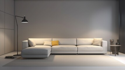 Modern minimalist white living room. White empty walls, large corner sofa, round coffee table, floor lamp, carpet on the floor. Mockup, 3D rendering. Generative AI