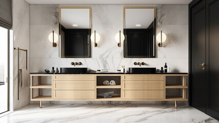 Spacious modern master bathroom with two black ceramic sinks. White marble walls and floor, large precious wooden cabinet with drawers, large mirrors, black countertop. 3D rendering. Generative AI
