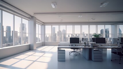 Hi-tech open space office with floor-to-ceiling windows and city view. Light-colored concrete walls and floors, large tables, comfortable chairs, desktop computers, plants in floor tubs. Generative AI