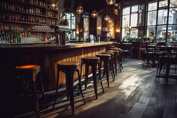 Fototapeta na wymiar Wide Angle View of a Bar with Bar Stools at an Urban Café (Made with Generative AI)