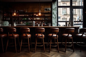Head On View of a Modern Bar with Bar Stool Chairs (Made with Generative AI)