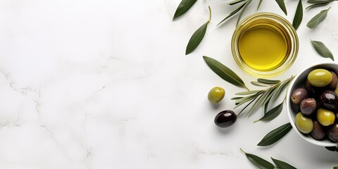 Healthy lifestyle. Fresh organic olive oil. Bottle on branch with white background copy space