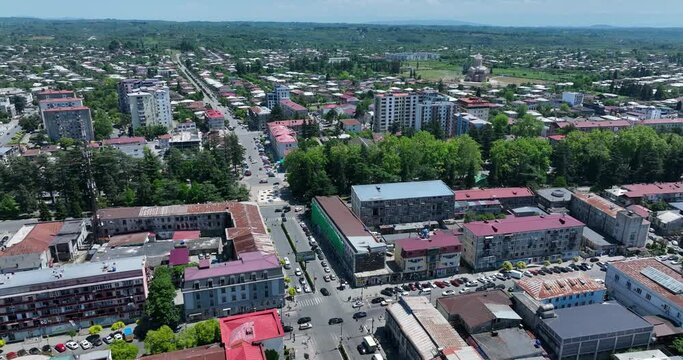 Flying over the center of Zugdidi city in Samegrelo. Georgia