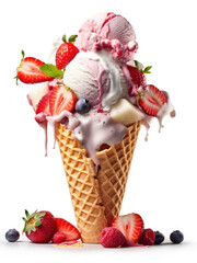 Scoops of creamy ice cream with raspberries and strawberries in a waffle cone on a white