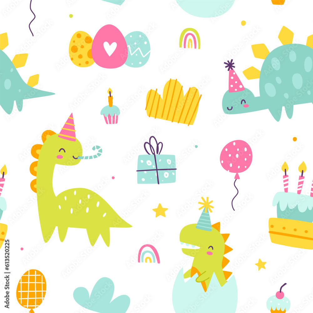 Wall mural cute dino birthday pattern. seamless colorful vector print with abstract dinosaurs party for wrappin