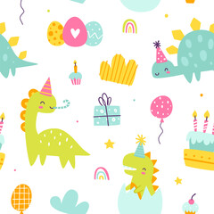 Cute dino birthday pattern. Seamless colorful vector print with abstract dinosaurs party for wrapping paper.