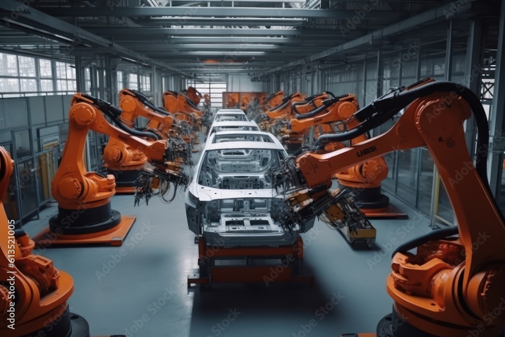 Poster robotic conveyor line for car assembly. modern workshop with automated equipment. mechanical assembl