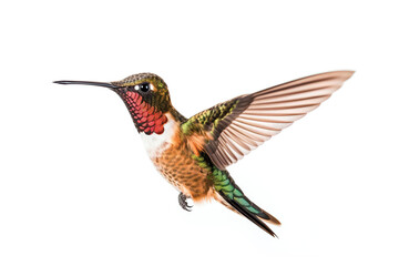 Fototapeta na wymiar Image of hummingbird is flying on white background. Bird. Wildlife Animals. Illustration. Generative AI.