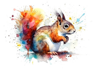 Watercolor painting of a squirrel on a white background. Wildlife Animals. Illustration, generative AI. - obrazy, fototapety, plakaty