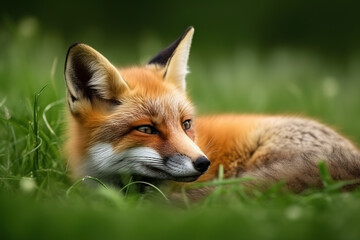 Fototapeta premium Image of fox resting on green pasture grass on summer. Wildlife Animals. Illustration. Generative AI.