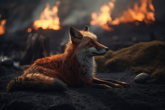Image of fox exhausted in the midst of wildfires and smoke. Wildlife Animals. Illustration. Generative AI.