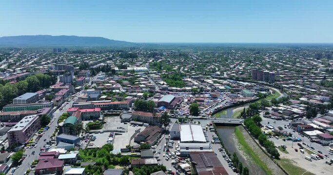 Flying over the center of Zugdidi city in Samegrelo. Georgia