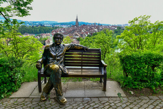 Bern-May 20 ,2023 :Statue of scientist &ldquo;Albert Einstein&rdquo; in the RosenGarten park in Bern ,Switzerland