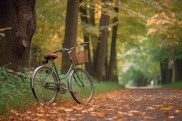 Fototapeta na wymiar parked one bicycle in a beautiful autumn forest generative ai