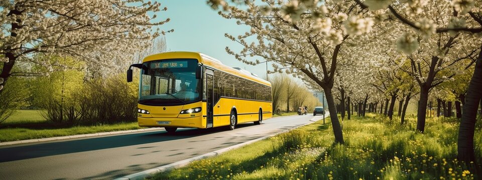 concept ecology yellow bus among flowering trees generative ai