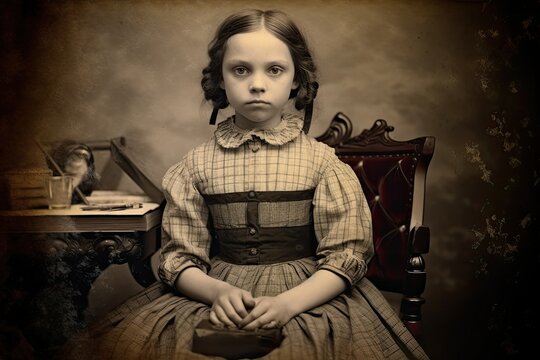 horizontal daguerreotype young girl old photo generative ai 