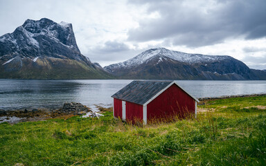 Typical red houses in Senja Island, Norway