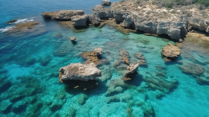Aerial view of the beaches of Ses Illetes on the island of Formentera. Generative Ai
