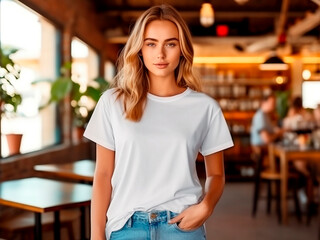 Hipster girl wearing blank white t-shirt and jeans posing against the backdrop of a cafe, minimalist urban clothing style, mockup for tshirt print store - obrazy, fototapety, plakaty