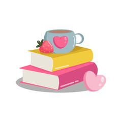 Sweet lovely illustration with two books and a cup of coffee with strawberry and a heart isolated on white background. Cute cartoon style illustration. Design for postcards, stickers, posters