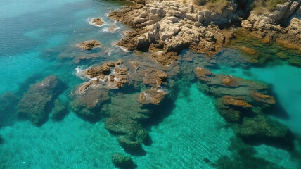 Naklejka na ściany i meble Aerial view of blue sea lagoon and yachts along the mediterranean coast. Generative Ai