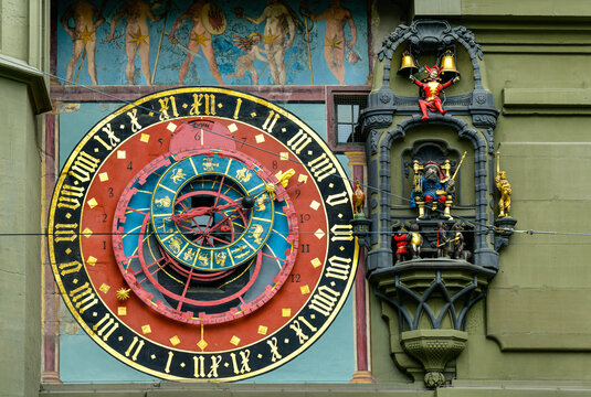 Astronomical clock on the medieval Zytglogge clock tower in Kramgasse street in Bern Switzerland