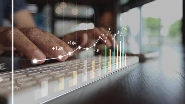 Businessman analyzing company financial balance sheet working with digital virtual graphics Businesswoman calculating financial data for long term investment growth goals. Business growth concept 
