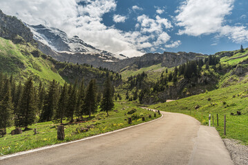 Klausenpass mountain road connecting cantons Uri and Glarus in the Swiss Alps, Spiringen, Canton...