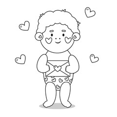 Cute easy simple outline of little boy or kid. Coloring book for small childrens with kawaii character. Vector illustration, isolated on a white background with live stroke