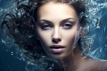 Beautiful young woman with water splash on her face. Blue background.  Close-up female face with water splashes on face. . Face care, Facial treatment, Cosmetology, beauty and spa, AI generated