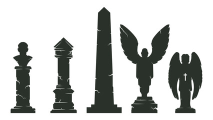 Halloween obelisk silhouettes. Horror cemetery tombstones, halloween angel statues, gravestones and monuments flat cartoon vector illustration set - obrazy, fototapety, plakaty