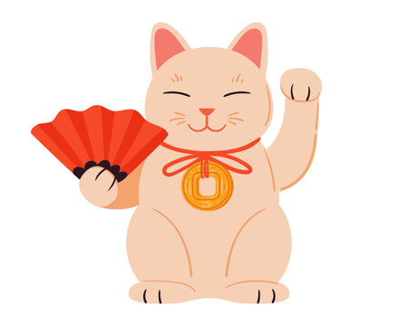 Oriental lucky cat. Japanese fortune maneki neko cat, traditional richness and fortune cat toy flat vector illustration
