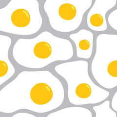 Morning breakfast seamless pattern with delicious fried eggs in cartoon style. Background with a lot of scrambled eggs.