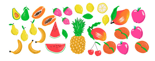 Doodle fruits collection. Vector isolated icons illustration set