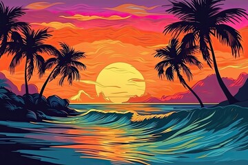 Fototapeta na wymiar hand drawn landscape painted landscape 3d sunset on the beach. Sun reflection in water. Futuristic landscape. Digital landscape cyber surface. generative ai