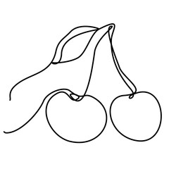 One line drawing art cherry with leaf isolated on white. Continuous line vector fruit illustration. Healthy and vitamin food concept. Design element for t-shirt, grocery label, shopping bag printing.