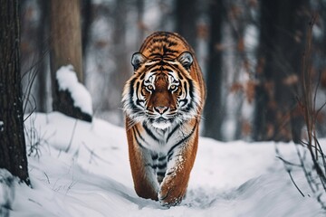 Fototapeta na wymiar Orange Tiger Walking in Snowy Forest Captured in Black and White - AI Generative