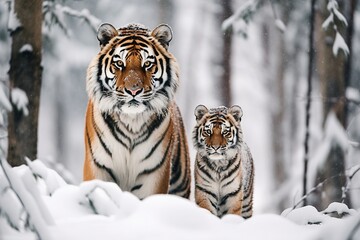 Fototapeta na wymiar Two Tigers Walking in Unison in Snowy Forest - AI Generative