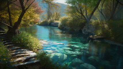 Parc de Plitvice cascade Rivière la Korana lac Croatie. Generative Ai - obrazy, fototapety, plakaty