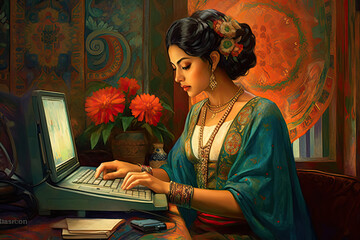 Beautiful asian woman on laptop, concentrating and working