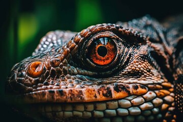 Fototapeta premium Close-Up of Large Lizard with Orange and Brown Scales in Jungle Setting - AI Generative